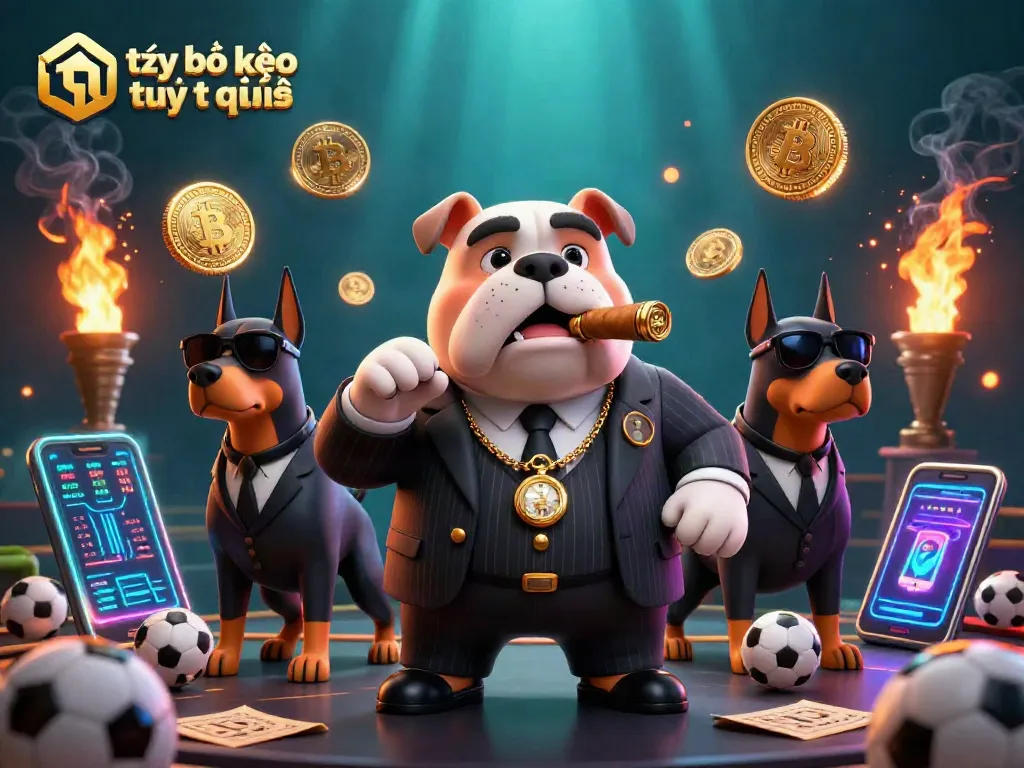 Bet on tỷ lệ kèo trực tuyến with animated scene of a bulldog mafia boss and sports elements.