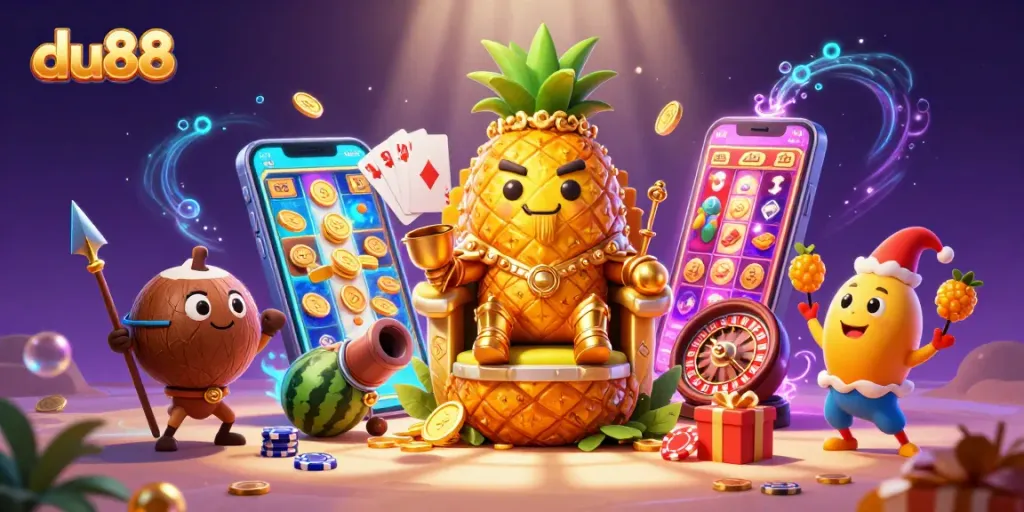 Win exciting rewards at du88 with a lively casino scene featuring a pineapple king and game elements.