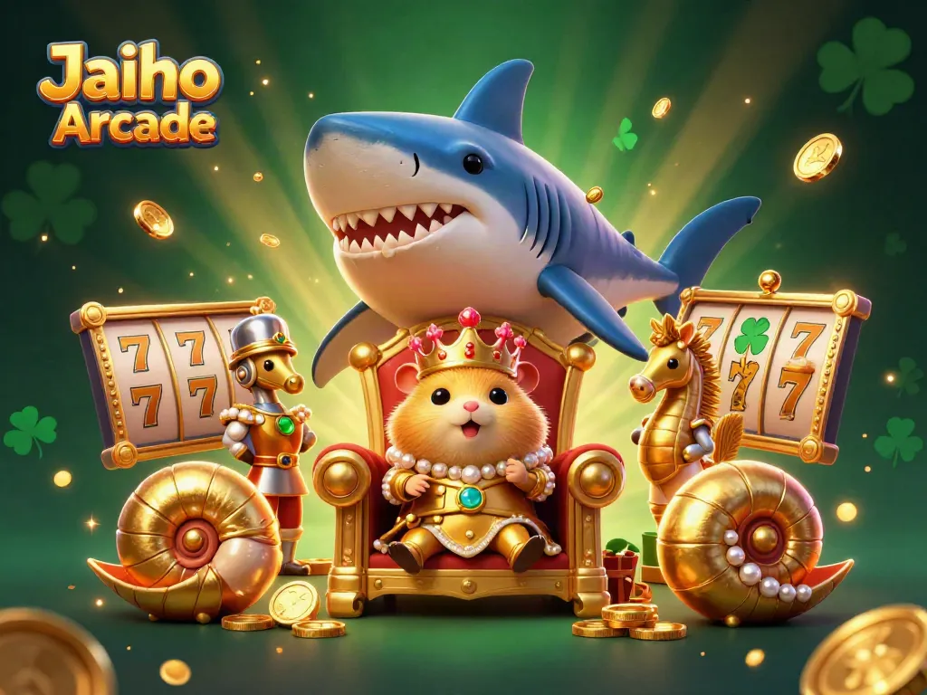 Experience the thrill of Jaiho Arcade with rich slots, jackpots, and a regal hamster king scene.