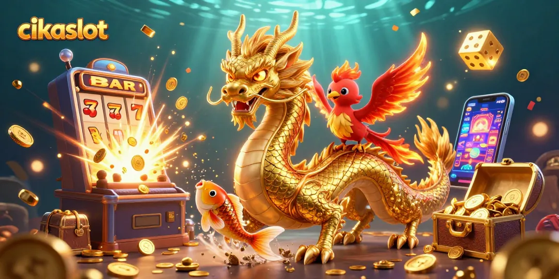 Cikaslot showcases vibrant casino action with a golden dragon, phoenix, and koi fish surrounded by jackpots and gaming elements.