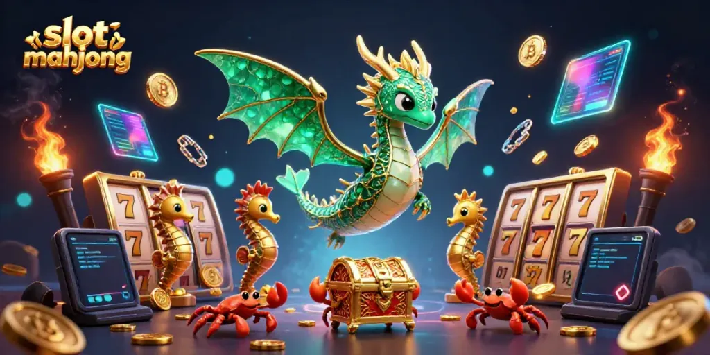 Slot mahjong menampilkan naga laut 3D dan simbol jackpot dalam ilustrasi kasino digital.