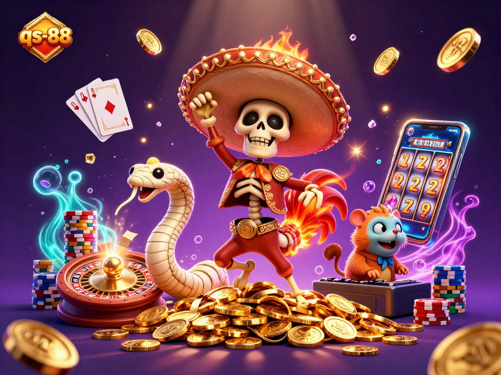 qs-88 features a vibrant victory dance with colorful characters and dazzling casino elements.