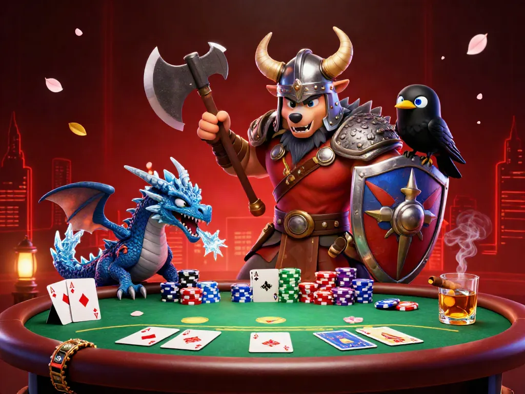 Engage in thrilling action with 79kingvn as a Viking warrior and dragon dominate a vibrant casino scene.