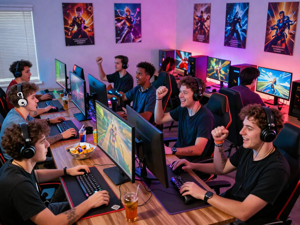 Exciting gaming scene with friends celebrating a situs toto win and colorful decor.