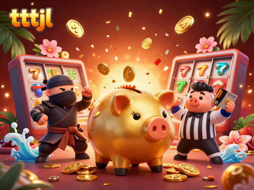 Engage in exciting casino action with tttjl featuring a golden piggy bank sumo wrestler surrounded by casino symbols.