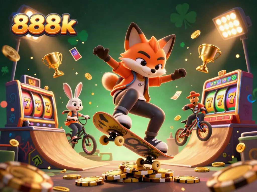Experience thrilling moments at 888k with a 3D skateboarder fox and BMX rabbit surrounded by vibrant casino elements.