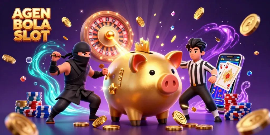 Experience AGEN BOLA SLOT with dynamic gameplay illustrated by golden coins and vibrant slot action.