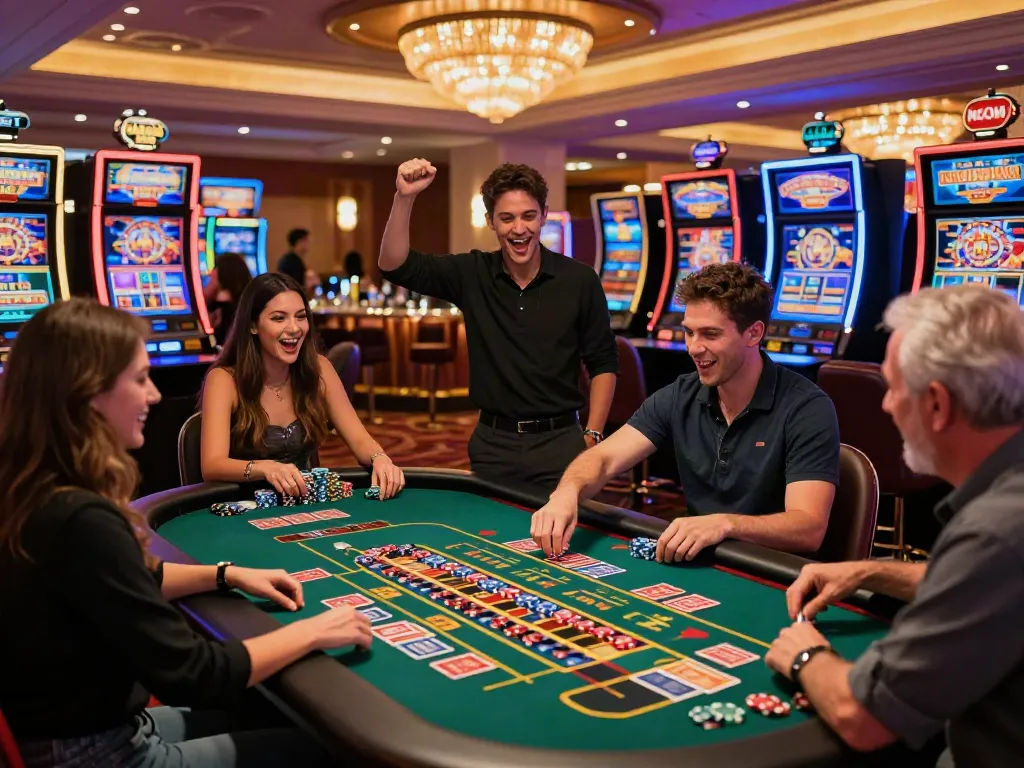 Exciting gaming scene featuring Lucky777 players celebrating at a vibrant casino.