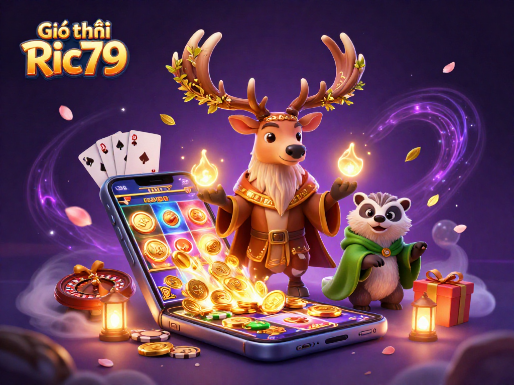 Play engaging slot games while exploring Giới thiệu Ric79 in a vibrant 3D casino scene.