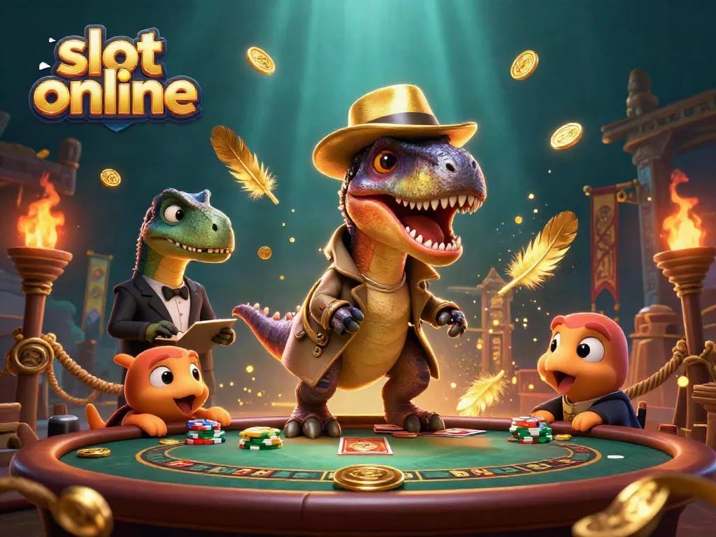 Experience thrilling slot online action with cartoon dinosaurs at a vibrant casino scene.