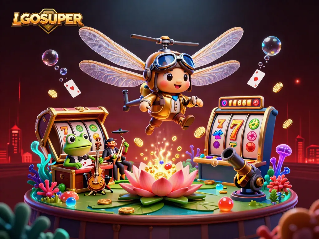 Engage with thrilling action at LGOSUPER, where the dragonfly pilot hovers over a vibrant lily pad casino.