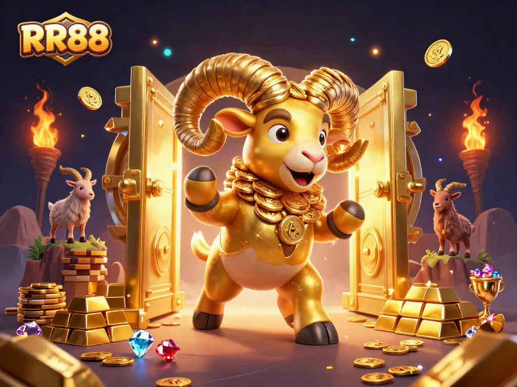 Experience thrilling gaming at RR88 with a dynamic scene of a charging golden ram in a vibrant casino illustration.