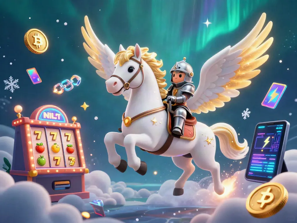 Engaging slot-themed scene with celestial horse and knight, vibrant slot machine elements, and cryptocurrency coins.