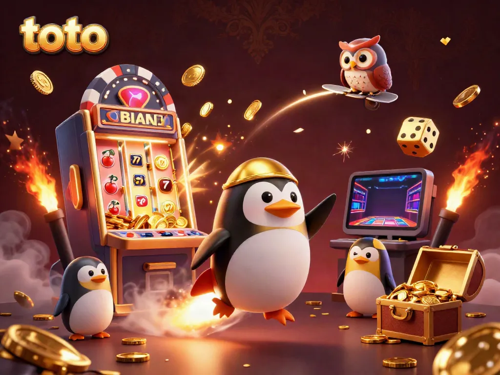 Experience thrilling casino action with toto in this detailed golden penguin illustration.