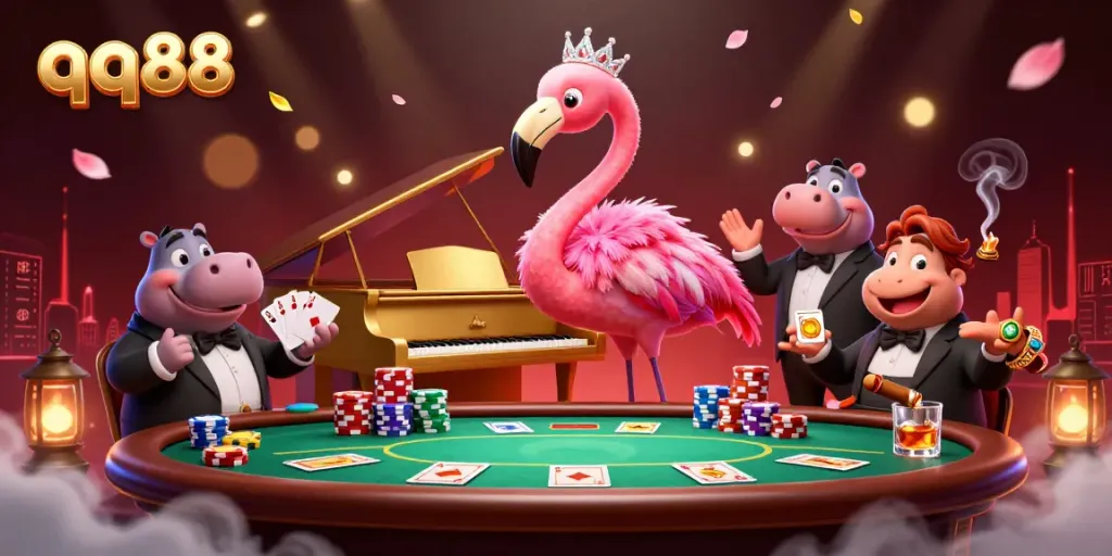 Experience the vibrant casino atmosphere with qq88 as flamingo singer and hippo bassist perform.