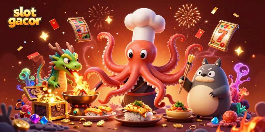 Raih kemenangan slot gacor dengan chef gurita memasak makanan emas dan elemen casino yang seru.