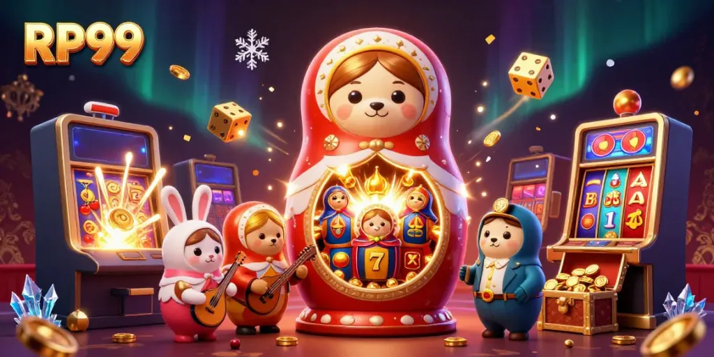 Experience the excitement of RP99 with charming casino-themed characters in a vibrant 3D jackpot scene.