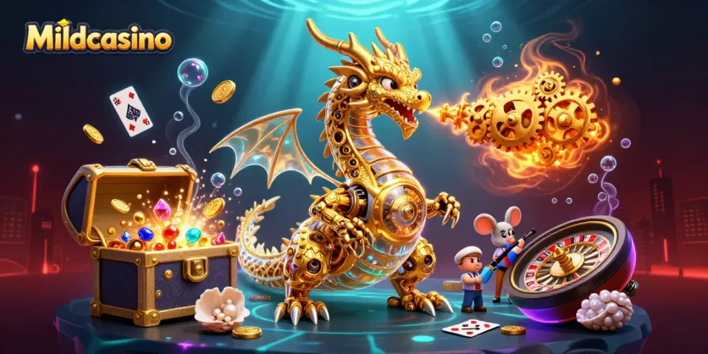 Mildcasino showcases a vibrant casino scene with a golden dragon, slot reels, and magical underwater treasures.