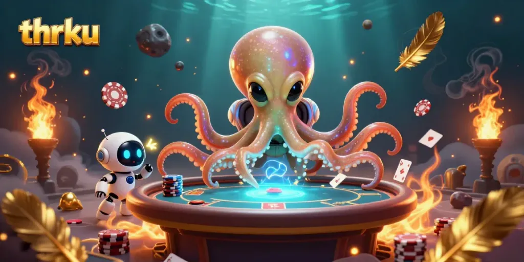 Experience thrilling gameplay at thrku with an alien octopus dealer amidst casino chaos and poker excitement.