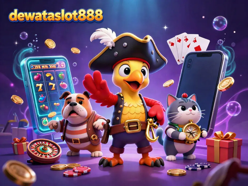 dewataslot888 menyajikan ilustrasi kasino animasi meriah dengan karakter bajak laut dan tema slot