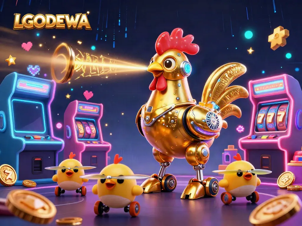 Engage with LGODEWA's dynamic gaming environment featuring a golden rooster robot and vibrant slots.