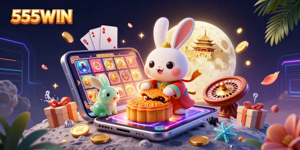 Experience 555WIN's vibrant casino world with a moon rabbit and gaming elements.