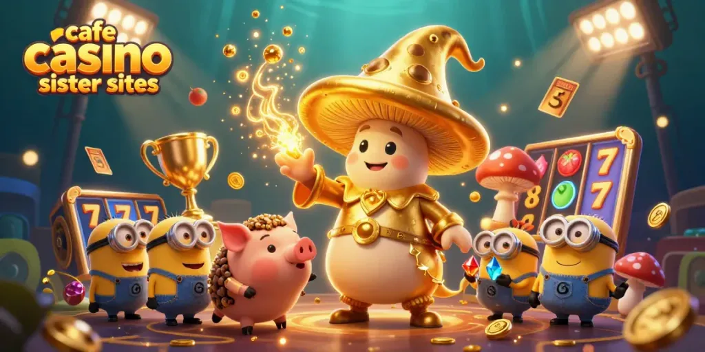 Exciting scene showcasing cafe casino sister sites with a magical mushroom wizard and treasure.