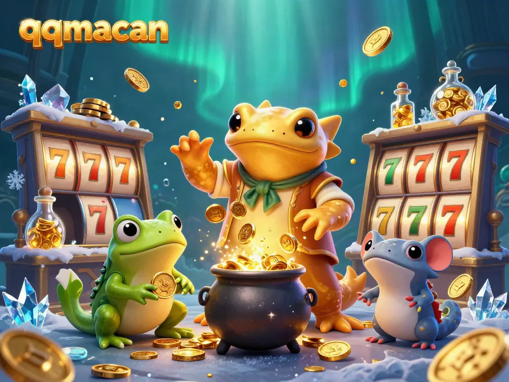 Experience thrilling gameplay at qqmacan with golden coins and vibrant slot machines in a magical setting.
