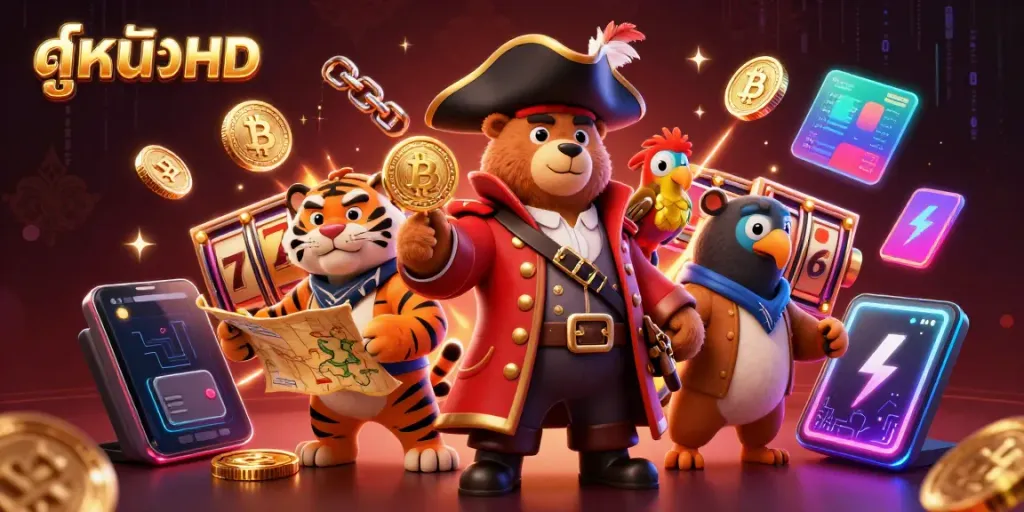 Discover exciting ดูหนังHD features with a lively 3D pirate captain bear and a tiger first mate in this action-packed gambling scene.