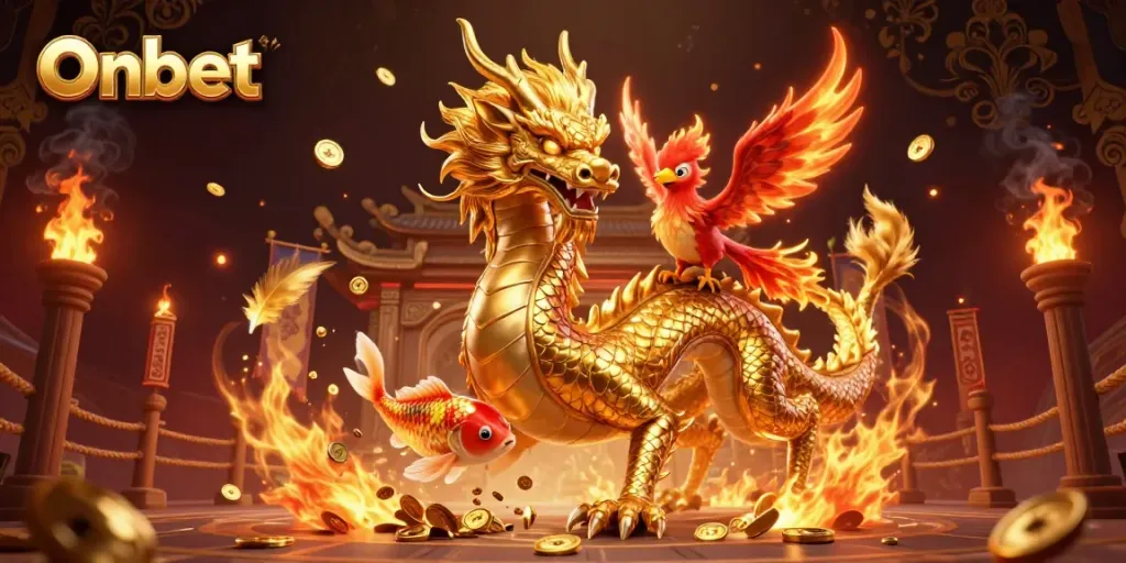 Experience the thrill of Onbet with a vibrant dragon and phoenix celebrating in a rich casino scene.