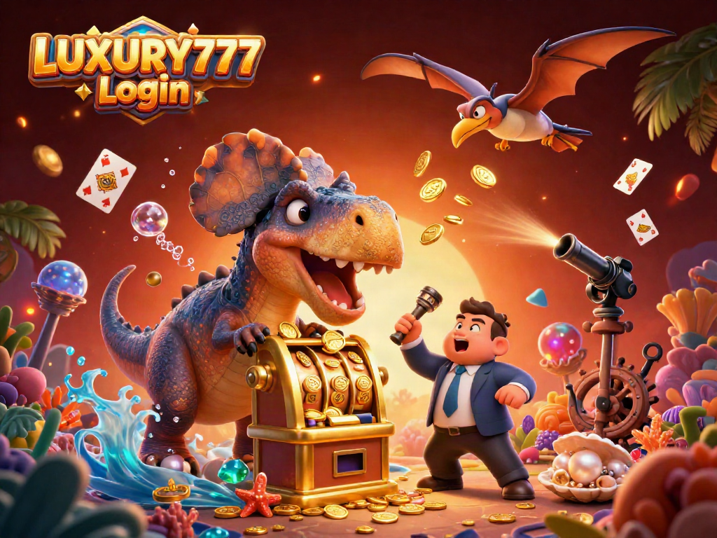 Masuk ke LUXURY777 Login dengan kasino virtual yang menampilkan karakter dinosaurus menarik dan slot jackpot.