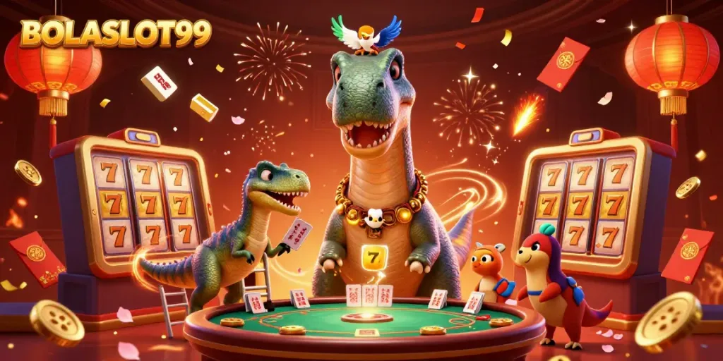 Experience BOLASLOT99 with dynamic casino action featuring a giant brontosaurus amidst vibrant elements
