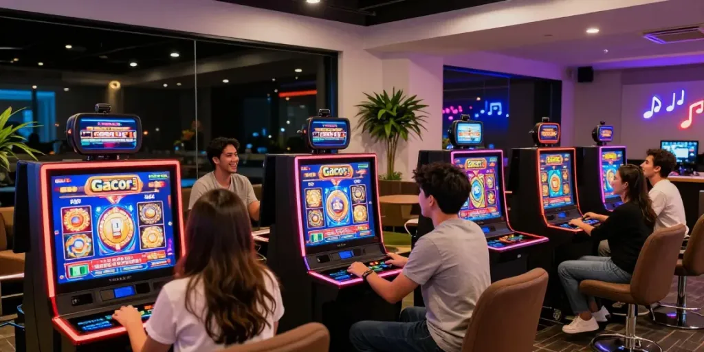 Exciting online gaming scene with players enjoying slot gacor games in a vibrant lounge atmosphere.