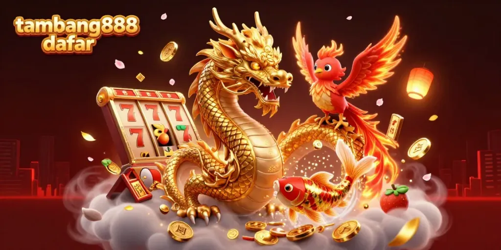 Tembakan permainan di tambang888 daftar menampilkan naga emas dan phoenix berapi dalam aksi.