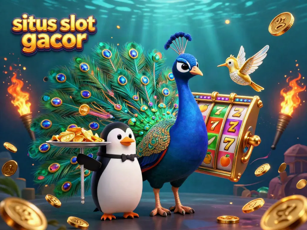 Situs slot gacor illustration featuring a peacock, penguin, and hummingbird amidst vibrant slot game elements.