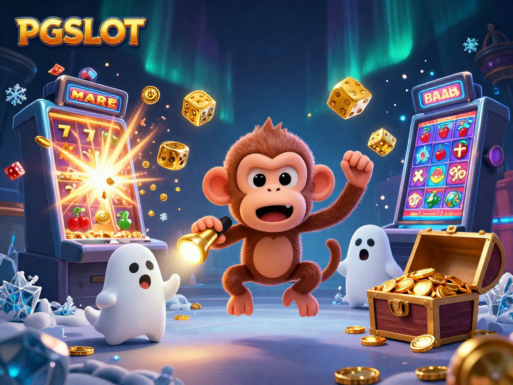 PGSLOT's vibrant slots come alive with a mischievous monkey and a curious puppy in a casino