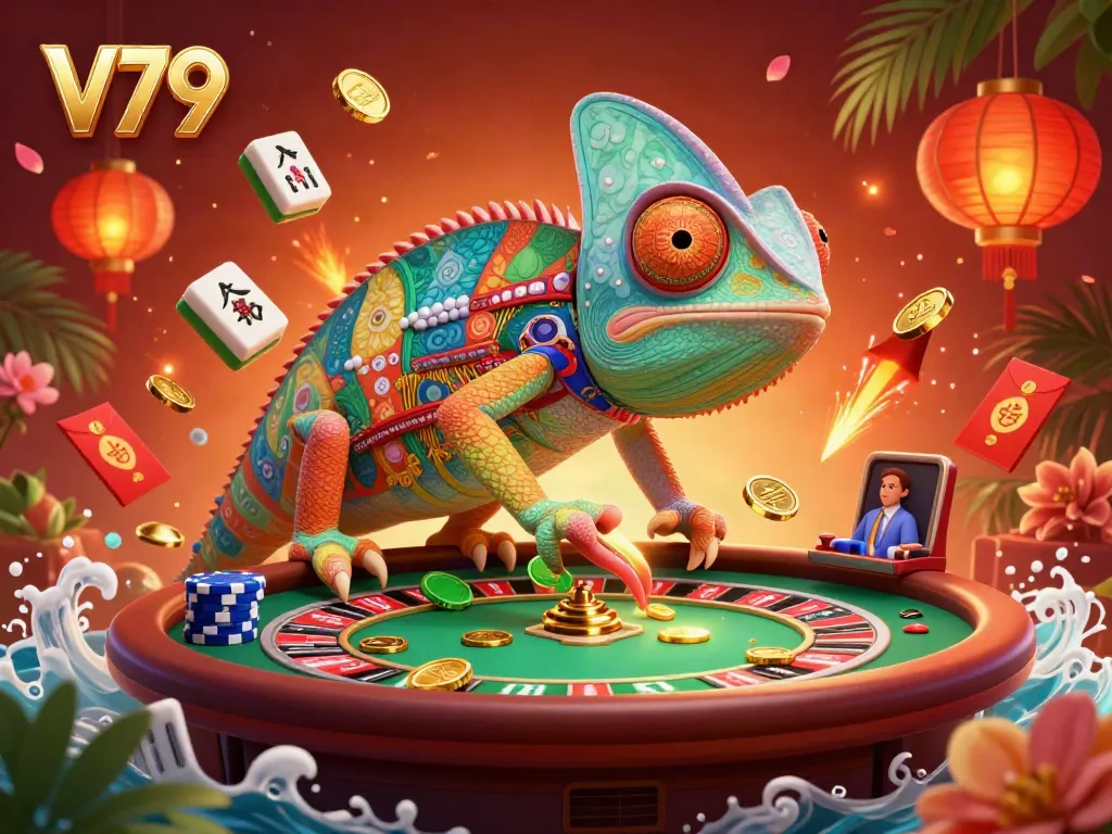 Experience thrilling gameplay at V79 with our vibrant casino-themed chameleon owner, capturing high-stakes action.