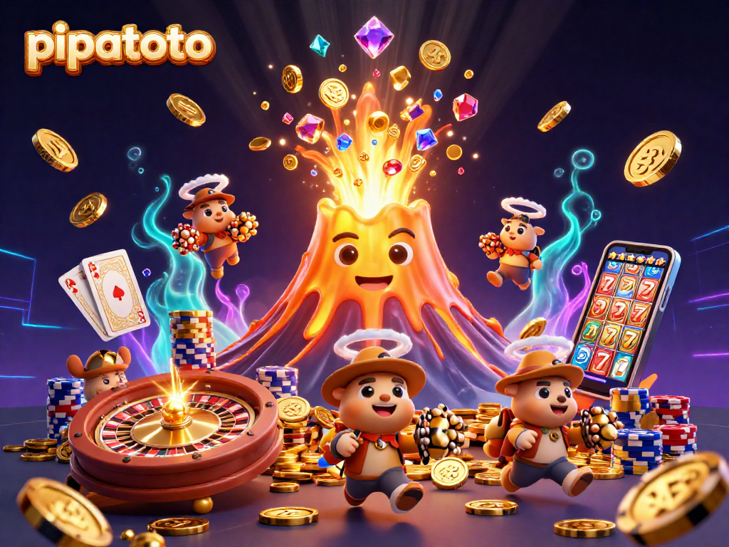Experience thrilling wins at PIPATOTO: A golden volcano erupts coins and gems in a vibrant casino scene.