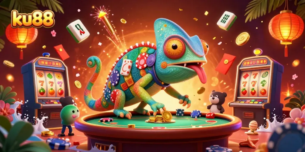 ku88 casino chameleon owner capturing golden coins amidst dynamic casino elements in a vibrant illustration