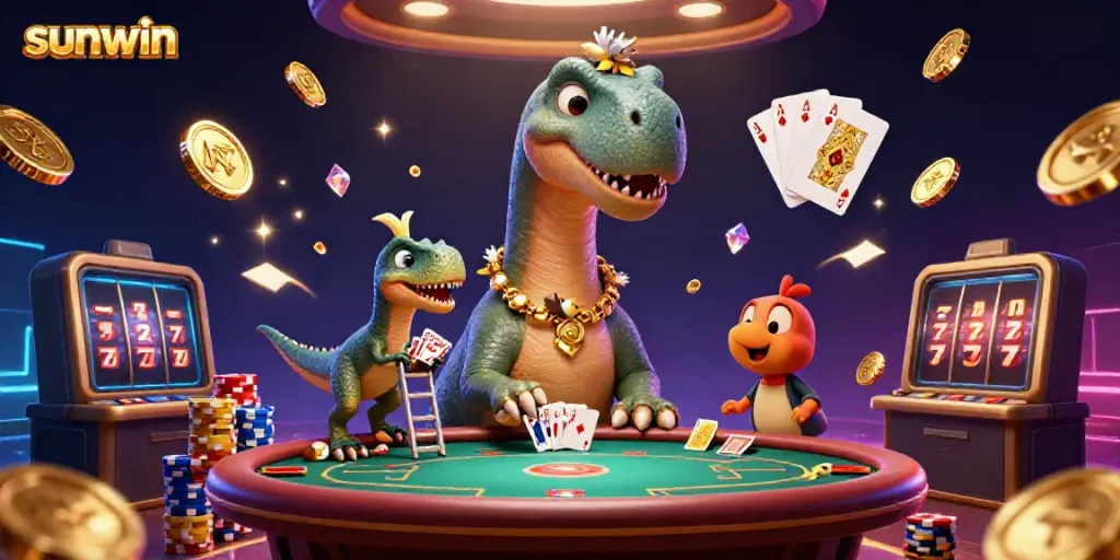 Experience fun gaming at sunwin with a colossal brontosaurus interacting with a raptor dealer in a rich casino atmosphere.