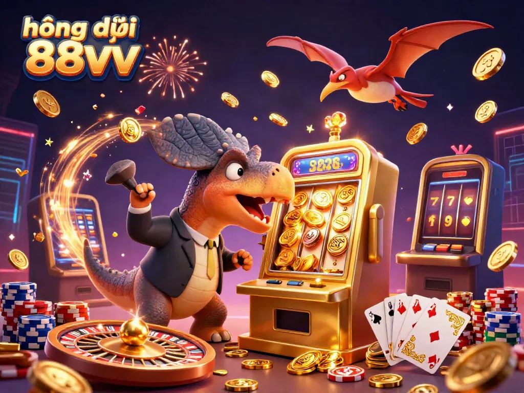 Experience the excitement of hướng dẫn 88vv with a cartoon dinosaur hitting the jackpot, surrounded by vibrant casino elements.