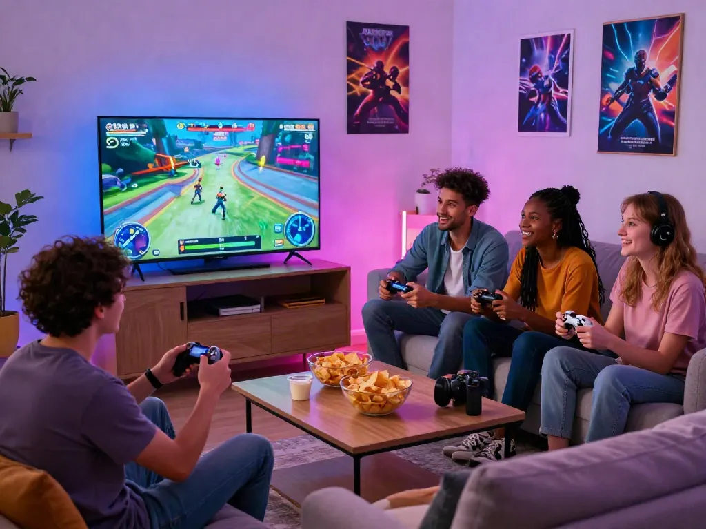 A group of friends enjoying an akunjp online gaming session in a cozy living room filled with snacks and excitement.