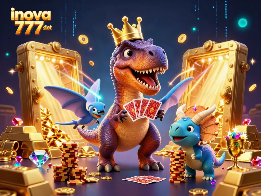 Create a thrilling inova 777 slot experience with a cartoon dinosaur dealer and lively game elements.