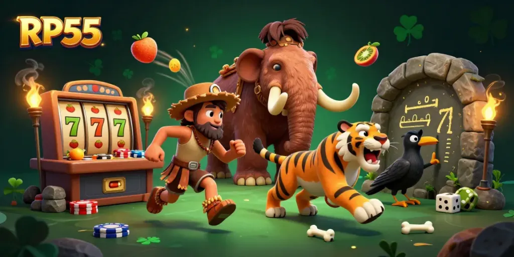 Experience RP55 in action at a dynamic prehistoric casino with lucky symbols and vibrant elements.