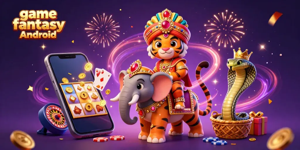 Permainan slot dengan tema game fantasy Android, menampilkan harimau maharaja 3D dan elefant berhiaskan permata.
