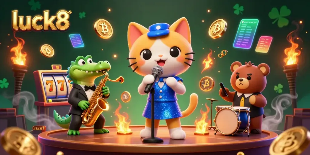 Experience thrilling gameplay at luck8's lively casino scene with vibrant cartoon characters and jackpot elements.