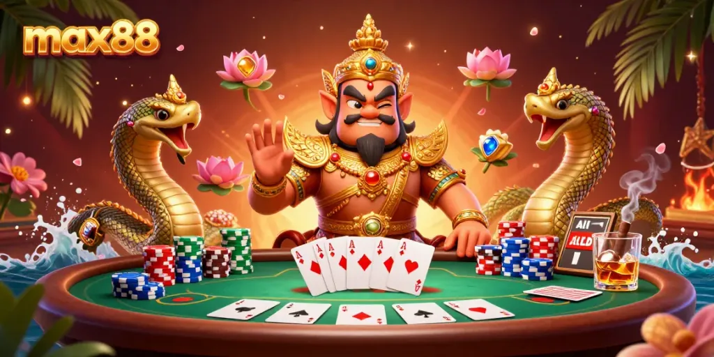Experience the thrill of max88 with a vibrant 3D casino illustration showcasing a friendly yaksha and poker excitement.