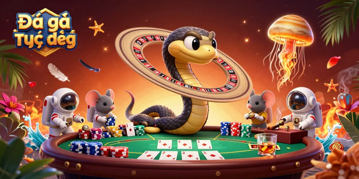 Bet on Đá gà trực tiếp with animated cosmic dealer and bets around a roulette-style fighting arena.