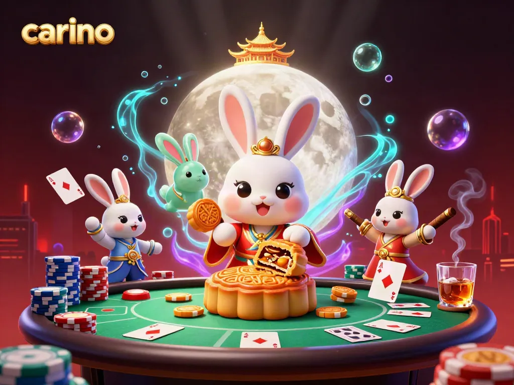 Engage in thrilling poker action with Carino's vibrant 3D illustration of a moon rabbit scene.