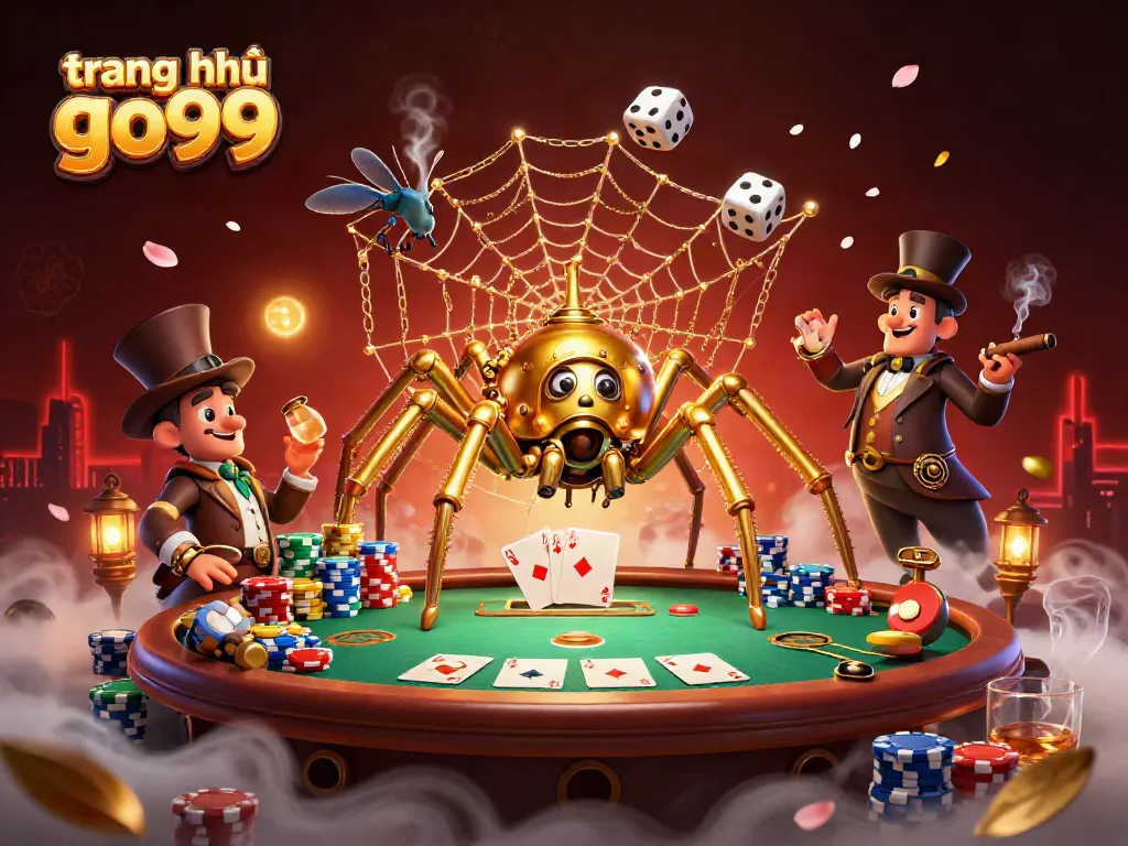 Experience the thrill at trang chủ go99 as a steampunk spider captures dice in a vibrant casino scene.